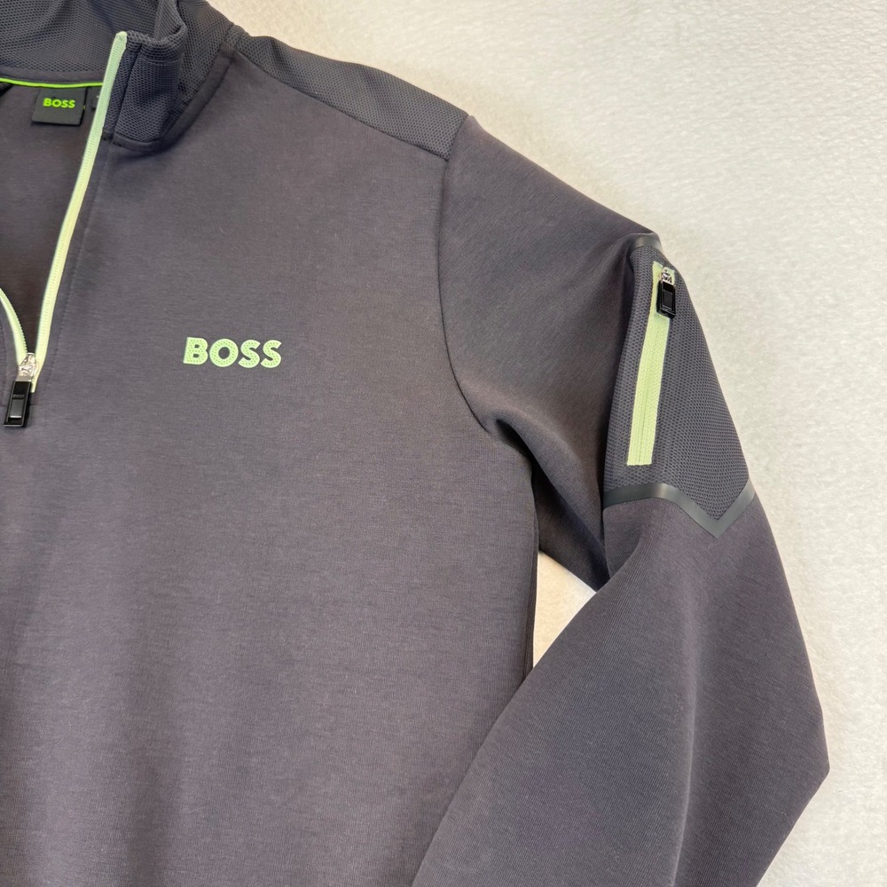 BOSS Men Sweatshirt Quarter Zip Pullover Charcoal Green Logo Athleisure Size L - Picture 2 of 8